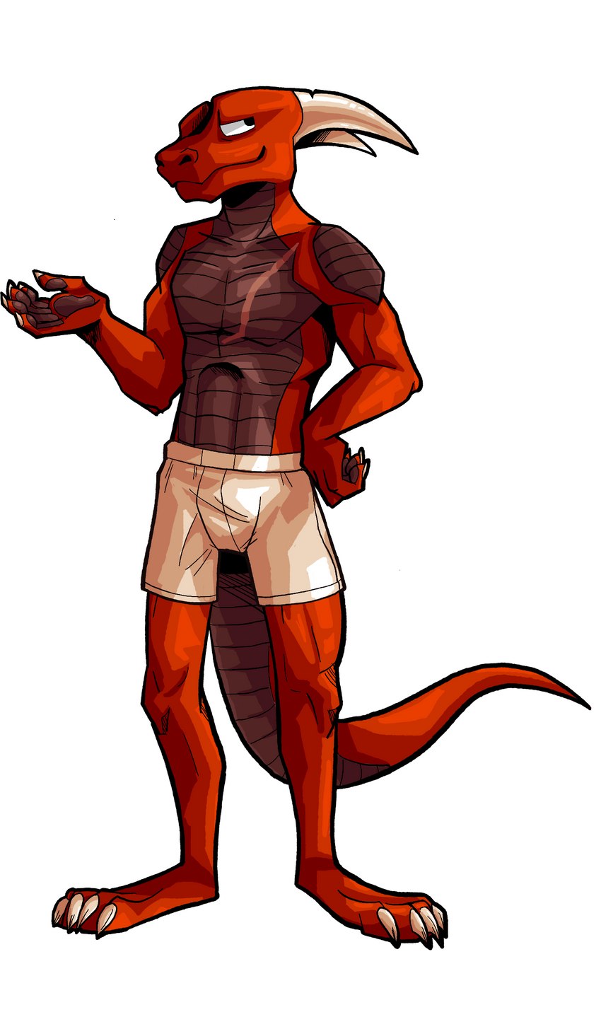 anthro boxers_(clothing) claws clothing hand_on_hip horn male pawpads red_body scar simple_background solo tail underwear white_background effarreturns european_mythology mythology xaldin dragon mythological_creature mythological_scalie scalie western_dragon absurd_res hi_res