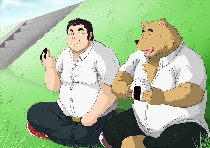 anthro belly bottomwear brown_body brown_fur clothing duo eating food fur humanoid_hands kemono male onigiri outside overweight overweight_human overweight_male pants rice shirt sitting topwear kuma_(pixiv_881259) kumadasi bear human mammal 2011