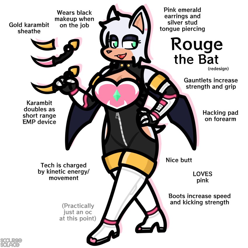 anthro armor boots breasts cleavage clothed clothing female footwear gauntlets gloves handwear high_heels hip_window knife piercing shoes solo tongue tongue_piercing wings scourgesolace_(artist) sega sonic_the_hedgehog_(series) rouge_the_bat bat mammal hi_res