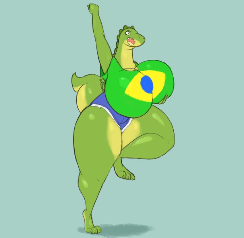 anthro big_breasts bottomwear brazil breasts clothing female green_body huge_breasts shirt shorts solo tail thick_thighs topwear jovi_cap dotty_(jovi_cap) alligator alligatorid crocodilian reptile scalie hi_res