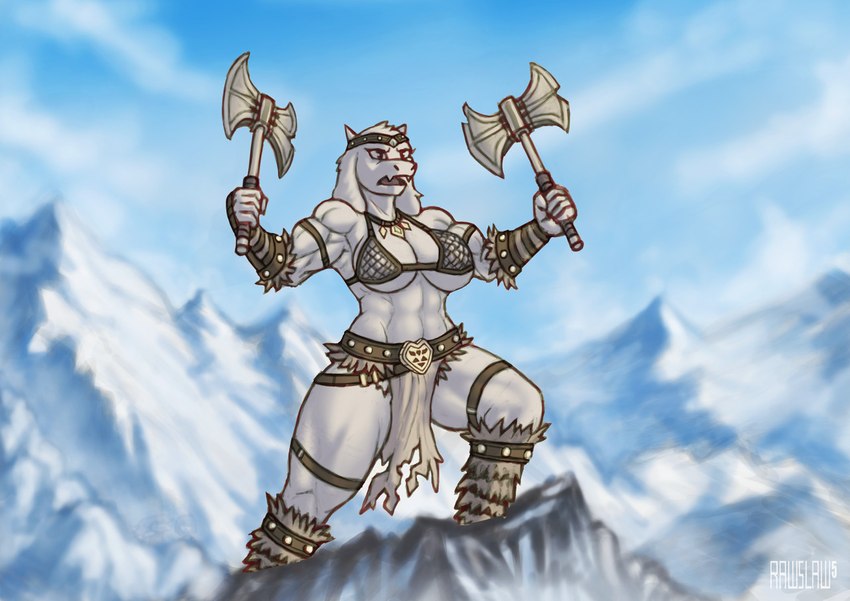 abs accessory anthro armor axe barbarian biceps big_breasts bikini bikini_armor bottomwear breasts chainmail chainmail_bikini clothed clothing cloud delta_rune_(emblem) detailed_background double_bitted_axe female fur headband heart_symbol horn jewelry labrys loincloth melee_weapon mountain muscular muscular_female necklace open_mouth red_eyes skimpy sky solo swimwear symbol two-piece_swimsuit unconvincing_armor warrior weapon white_body white_fur rawslaw5 undertale undertale_(series) toriel boss_monster_(undertale) bovid caprine goat mammal