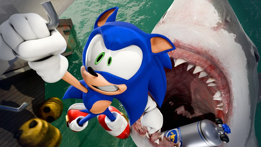 ambiguous_gender anthro barrel blue_body blue_fur boat clothing duo feral footwear fur gloves green_eyes handwear imminent_vore in_peril male open_mouth scuba_tank sea sharp_teeth shoes sinking teeth vehicle water watercraft balenaproductions jaws_(film) sega sonic_the_hedgehog_(series) universal_studios sonic_the_hedgehog eulipotyphlan fish great_white_shark hedgehog mackerel_shark mammal marine shark white_shark 16:9 3d_(artwork) blender_(artwork) crossover digital_media_(artwork) hi_res widescreen