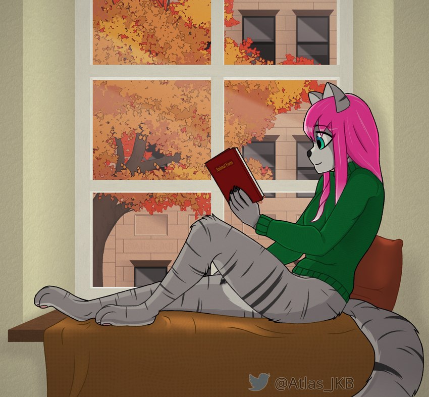 anthro autumn bedding blanket book building claws clothed clothing countershading female fluffy fluffy_tail fur green_clothing green_eyes grey_body grey_fur hair hand_on_leg hand_on_thigh long_hair partially_clothed pawpads pillow pink_hair pink_pawpads plant reading reading_book sitting smile solo stripes sweater tail topwear tree window atlas_jkb anya_(atlas_jkb) domestic_cat felid feline felis mammal hi_res shaded watermark