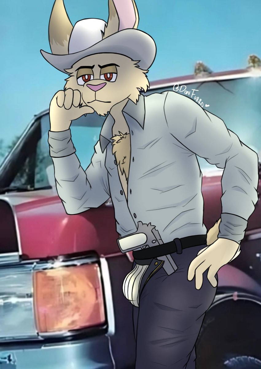 anthro belt bottomwear brown_body brown_fur bulge car clothed clothing cowboy cowboy_outfit denim denim_bottomwear denim_clothing dress_shirt fluffy fluffy_tail fur gun hat headgear headwear holster jeans leaning light_truck long_ears male open_clothing open_shirt open_topwear pants pickup_truck ranged_weapon red_eyes serious shirt short_fur smile smirk solo suggestive tail topwear truck vehicle weapon donfurro chesse_garra_gomez hare lagomorph leporid mammal digital_media_(artwork) hi_res shaded