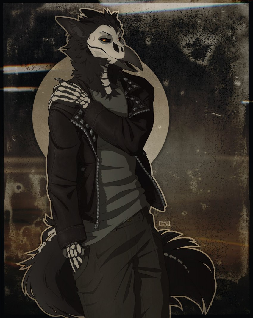 anthro black_body black_feathers black_fur black_sclera bottomwear clothing denim denim_bottomwear denim_clothing feathers fur half-closed_eyes jacket jeans leather leather_clothing leather_jacket leather_topwear markings narrowed_eyes neck_tuft open_mouth open_smile pants pattern_background shirt simple_background skeleton_(marking) skull_(marking) smile solo t-shirt topwear tuft sleepy_poss avian bird canid canine canis corvid corvus_(genus) crow hybrid mammal oscine passerine wolf hi_res