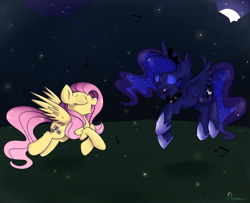 crown cutie_mark duo eyes_closed feathered_wings feathers female feral flying headgear horn jewelry moon necklace night outside quadruped singing sparkles star tail wings yellow_body yellow_feathers lustrous-dreams friendship_is_magic hasbro my_little_pony mythology fluttershy_(mlp) princess_luna_(mlp) ambient_arthropod ambient_firefly ambient_insect arthropod beetle elateroid equid equine firefly insect mammal mythological_creature mythological_equine pegasus winged_unicorn