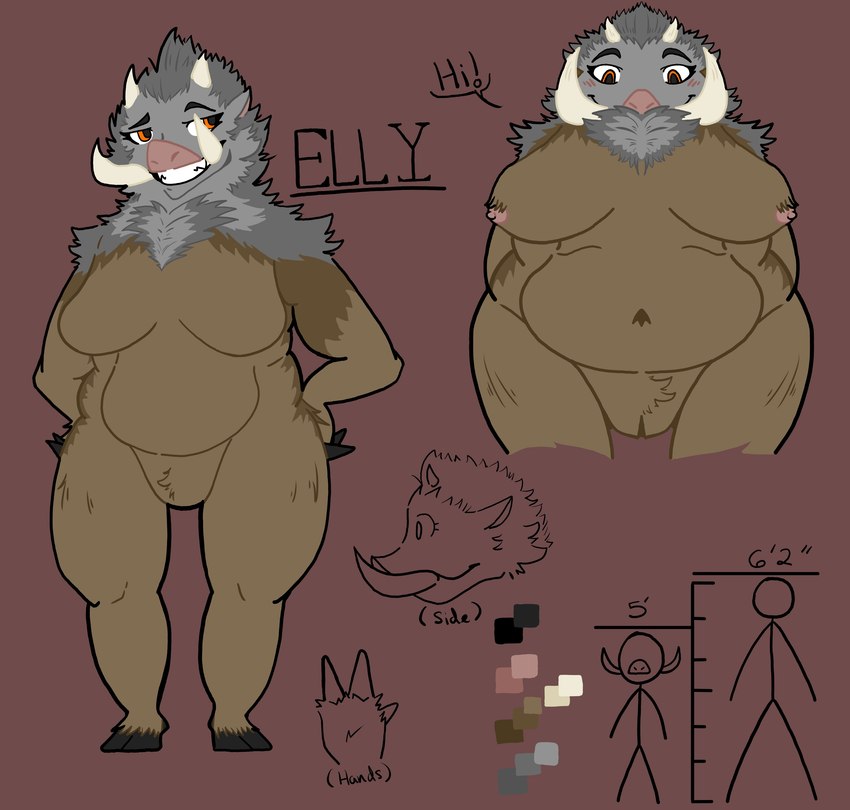 anthro belly big_breasts breasts brown_body brown_fur chart chest_tuft female fur genitals grey_body grey_fur hairy hands_behind_back hands_on_hips height_chart hooves horn looking_at_viewer looking_down looking_down_at_viewer mohawk multicolored_body nipples orange_eyes pink_nose pubes pussy short_stack side_view simple_background slightly_chubby smile solo solo_focus speech_bubble stick_figure text tuft tusks crimsontyd capcom monster_hunter bullfango mammal primatius suid suine sus_(pig) wild_boar absurd_res character_name hi_res model_sheet