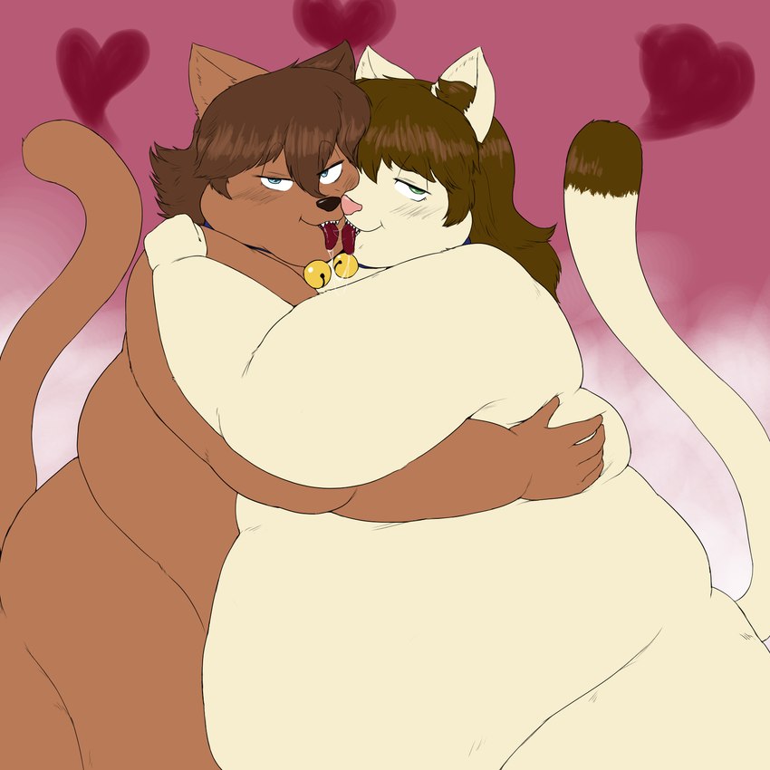 anthro bell bell_collar blue_eyes brown_hair collar duo fat_arms female female/female green_eyes hair hair_between_eyes heart_symbol hug implied_threesome long_hair looking_at_viewer morbidly_obese morbidly_obese_anthro morbidly_obese_female nude obese obese_anthro obese_female overweight overweight_anthro overweight_female short_hair tongue tongue_out unawarey claire_(unawarey) coral_(hydro-phil2) domestic_cat felid feline felis mammal 1:1 hi_res