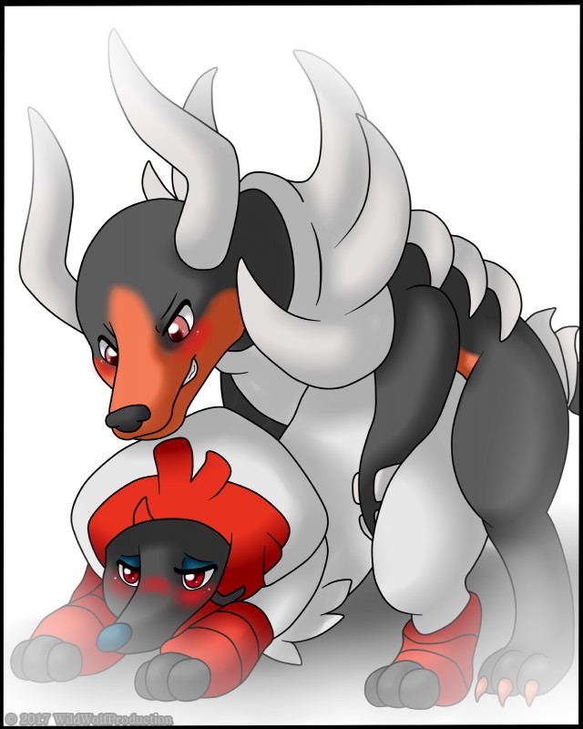 black_border blush border duo eyeshadow female feral from_behind_position makeup male male/female mounting sex simple_background white_background wildwolfproduction mythology nintendo pokemon canid canid_demon canine demon furfrou generation_6_pokemon hellhound kabuki_trim_furfrou mammal mega_evolution mega_houndoom mythological_canine mythological_creature pokemon_(species) 2017 absurd_res hi_res