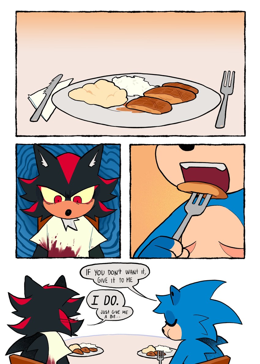 anthro blood bodily_fluids cannibalism cooking_with_furs cutlery dialogue duo eating food fork holding_object kitchen_utensils knife male male/male plate quills_(anatomy) red_eyes text tools lunrsys sega sonic_the_hedgehog_(series) shadow_the_hedgehog sonic_the_hedgehog eulipotyphlan hedgehog mammal absurd_res comic english_text hi_res trans_(lore) trans_man_(lore)