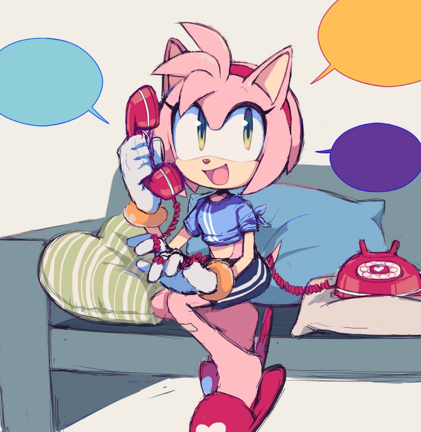 accessory anthro clothing electronics female footwear furniture gloves hair_accessory hairband handwear landline_phone narrow_hips on_model open_mouth open_smile phone phone_call pillow simple_background sitting smile sofa solo speech_bubble tail thin_calves thin_legs thin_thighs zzavok sega sonic_the_hedgehog_(series) amy_rose eulipotyphlan hedgehog mammal