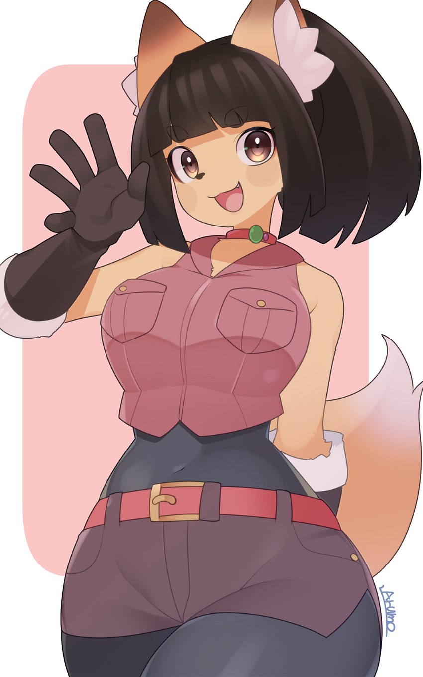 anthro armwear big_breasts black_clothing black_gloves black_hair black_handwear breast_pockets breasts clothing elbow_gloves female gloves hair handwear looking_at_viewer open_mouth ponytail short_hair short_ponytail smile solo arumo komena_akamori canid canine fox mammal 5:8 absurd_res hi_res