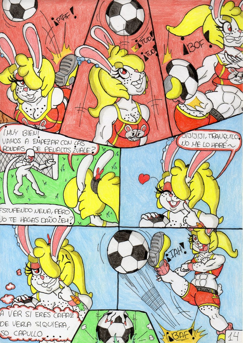 abs angry anthro athletic athletic_female ball blonde_hair breasts buckteeth cleavage clothed clothing comic_panel dream_retreat duo ear_piercing eyebrows female footwear freckles fur hair makeup male monster_girl_(genre) one_eye_obstructed piercing ponytail red_eyes scut_tail shoes short_tail slim slim_male sneakers soccer soccer_ball sport sportswear tail teeth thick_eyebrows white_body white_fur dibujuani rabinette animal_humanoid humanoid lagomorph lagomorph_humanoid leporid leporid_humanoid mammal mammal_humanoid rabbit rabbit_humanoid absurd_res comic hi_res traditional_media_(artwork)