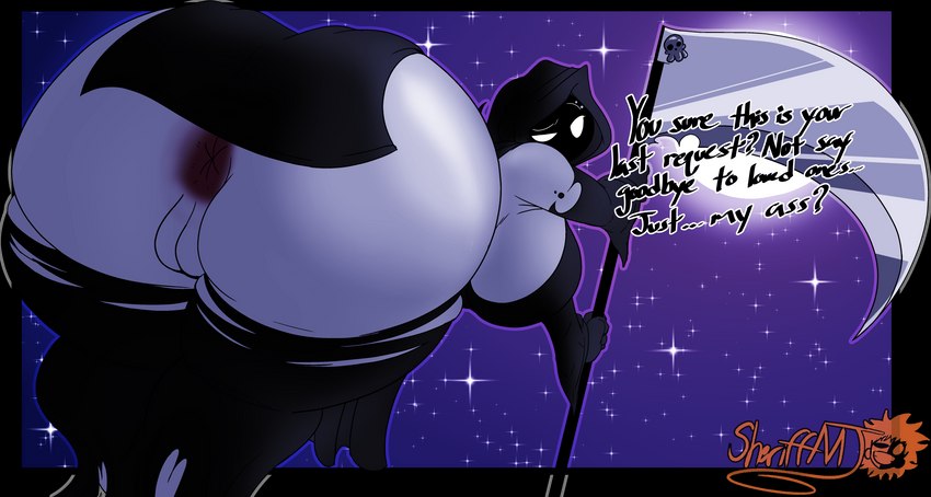 anus ass_up bent_over big_breasts big_butt breasts butt butt_focus female genitals huge_breasts huge_butt looking_back melee_weapon night not_furry polearm pussy scythe side_boob sky solo star starry_sky weapon masterj291 lewdtober death_(personification) grim_reaper humanoid 2021 absurd_res digital_media_(artwork) hi_res