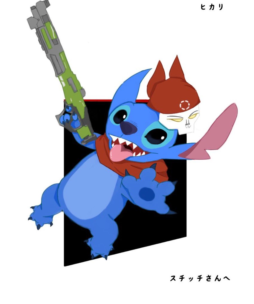 4_fingers 4_toes blue_nose blue_pawpads bone claws feet fingers gun holding_gun holding_object holding_ranged_weapon holding_weapon looking_at_viewer notched_ear open_mouth open_smile pawpads ranged_weapon reaching_towards_viewer simple_background skull smile solo text toe_claws toes weapon kemokemo1016 apex_legends disney electronic_arts lilo_and_stitch respawn_entertainment stitch_(lilo_and_stitch) alien experiment_(lilo_and_stitch) 2020 japanese_text