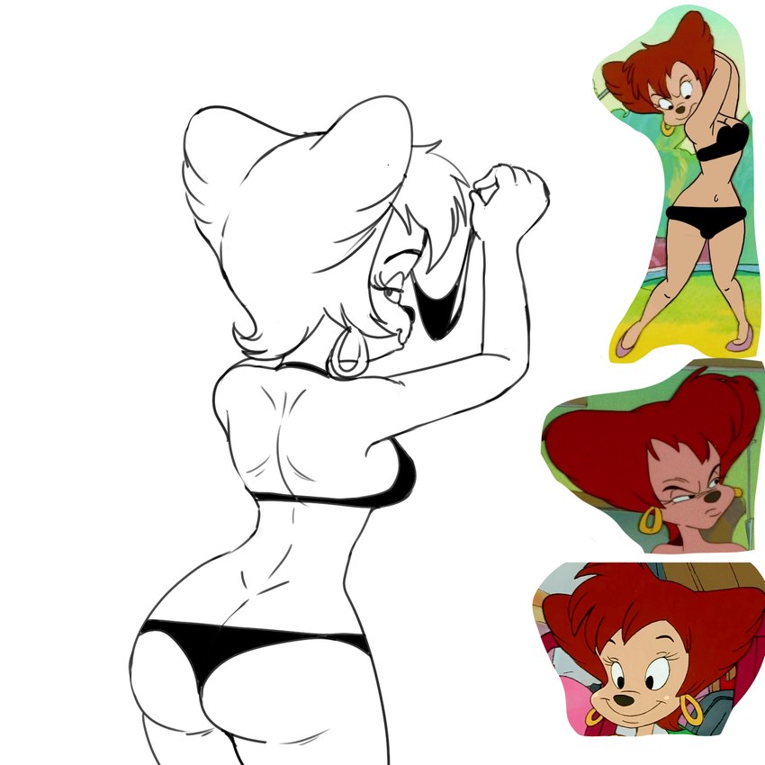 anthro bra breasts butt clothing ear_piercing female holding_clothing holding_object holding_panties holding_underwear looking_back panties piercing solo underwear smeet_(artist) disney goof_troop peg_pete 1:1 hi_res model_sheet sketch