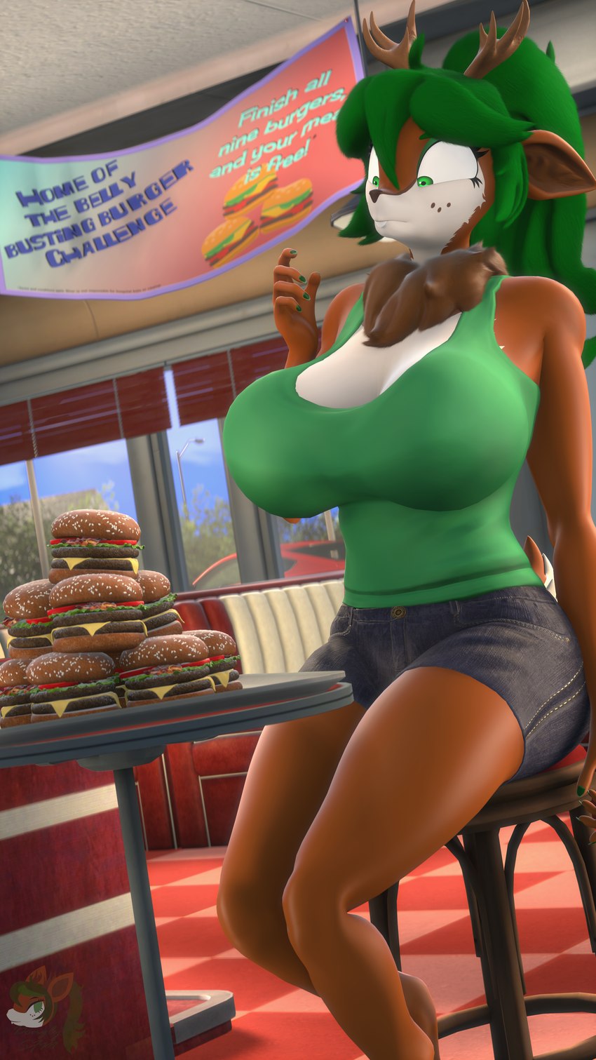 anthro antlers big_breasts breasts buckteeth burger diner female food green_hair hair horn mature_female neck_tuft restaurant revamped_anthros solo teeth tuft donglysfm tea_tree_(donglysfm) deer mammal 3d_(artwork) 4k 9:16 absurd_res digital_media_(artwork) hi_res source_filmmaker_(artwork)