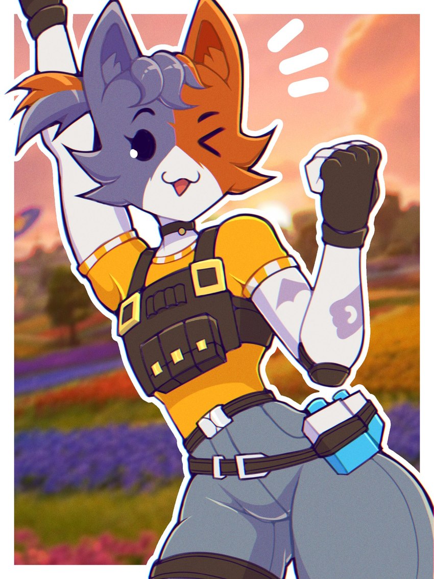 :3 ;d anthro arm_tattoo belt black_eyes blurred_background bottomwear brown_body brown_fur bulletproof_vest clothing collar container denim denim_bottomwear denim_clothing dot_eyes elbow_pads female fingerless_gloves fist_pump flat_chested fur gloves hair handwear head_tuft jeans milk_carton milk_container multicolored_body multicolored_fur noseless one_eye_closed open_mouth open_smile orange_clothing orange_shirt orange_t-shirt orange_topwear pants ponytail purple_body purple_fur raised_arm shirt simple_eyes smile solo t-shirt tan_body tan_fur tattoo thigh_strap topwear torn_bottomwear torn_clothing torn_jeans torn_pants tuft wink hosses21 epic_games fortnite cate_meowdy calico_cat domestic_cat felid feline felis mammal 2025 3:4 cel_shading hi_res portrait shaded three-quarter_portrait