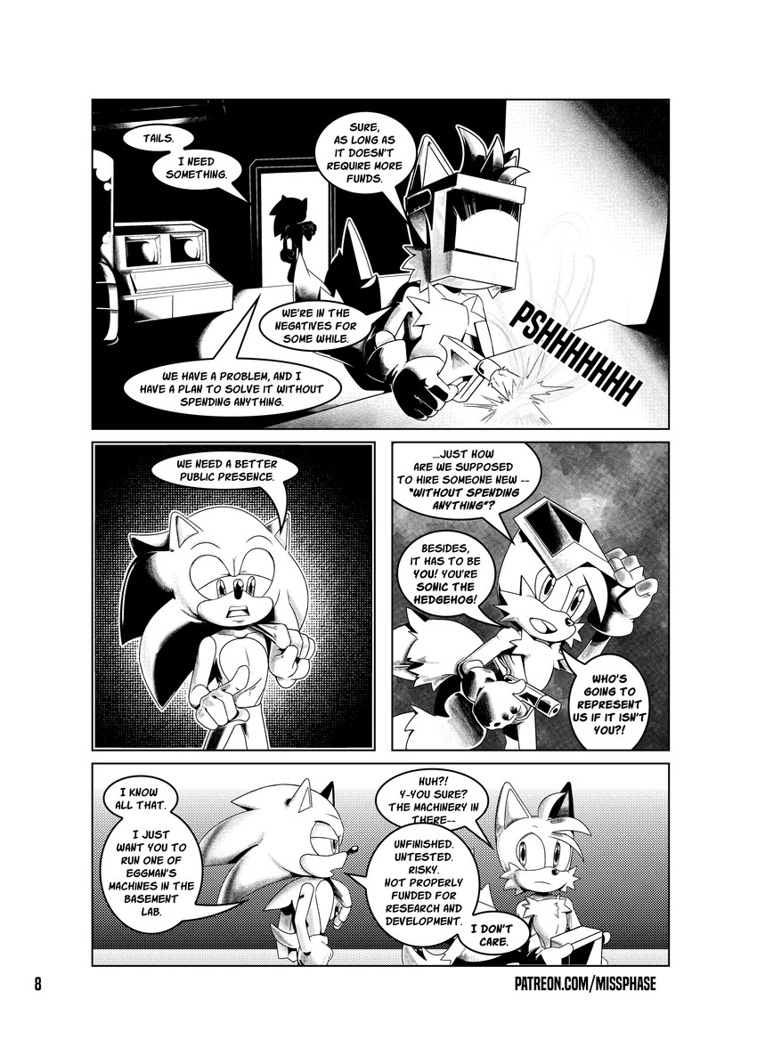 anthro base_three_layout blockage_(layout) chest_tuft clothed clothing dialogue duo face_shield four_frame_image horizontal_blockage male mask pupils text three_row_layout tuft wearing_mask welding_mask missphase sega sonic_the_hedgehog_(series) miles_prower sonic_the_hedgehog canid canine eulipotyphlan fox hedgehog mammal absurd_res comic english_text hi_res monochrome url