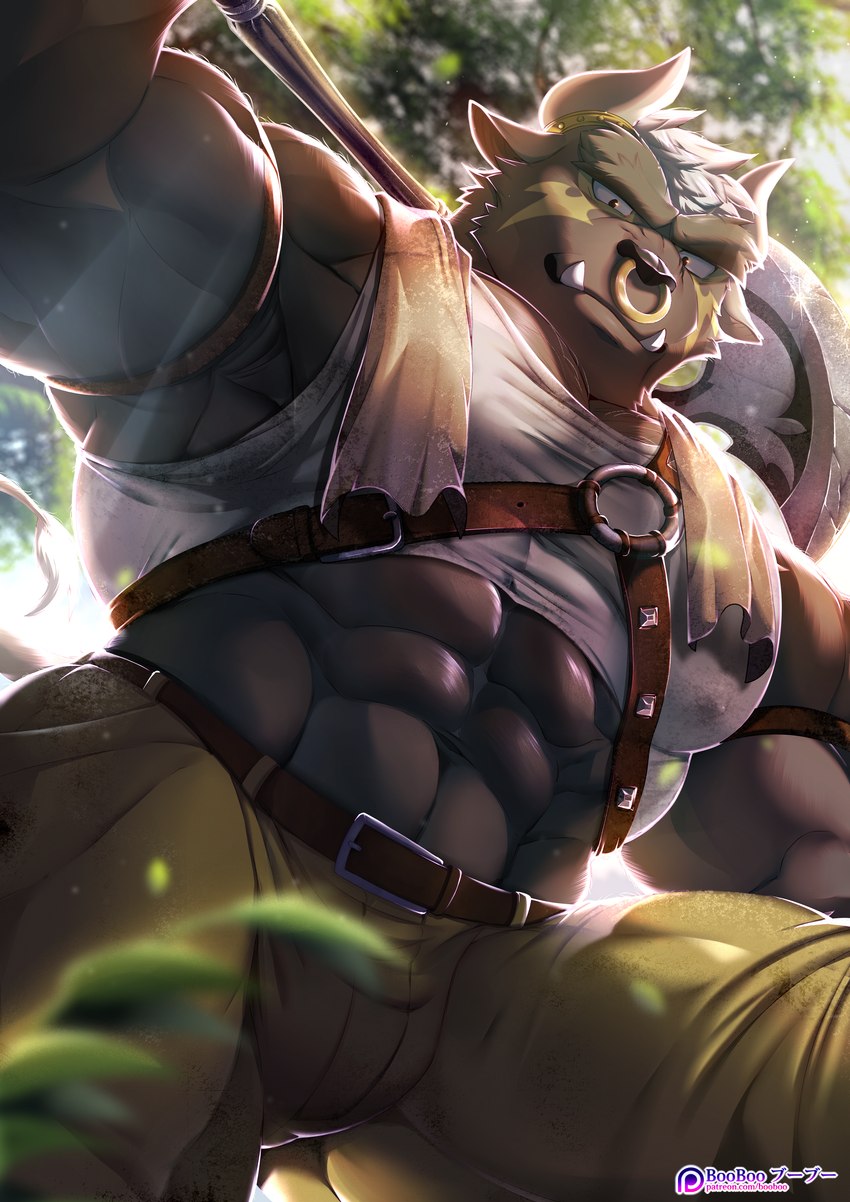 abs anthro axe biceps bottomwear clothing hair horn looking_at_viewer looking_down male melee_weapon muscular muscular_anthro muscular_male pants pecs shirt smile smirk solo tank_top topwear tusks weapon white_hair booboo34 lifewonders tokyo_afterschool_summoners asterius_(tas) bovid bovine cattle mammal absurd_res hi_res