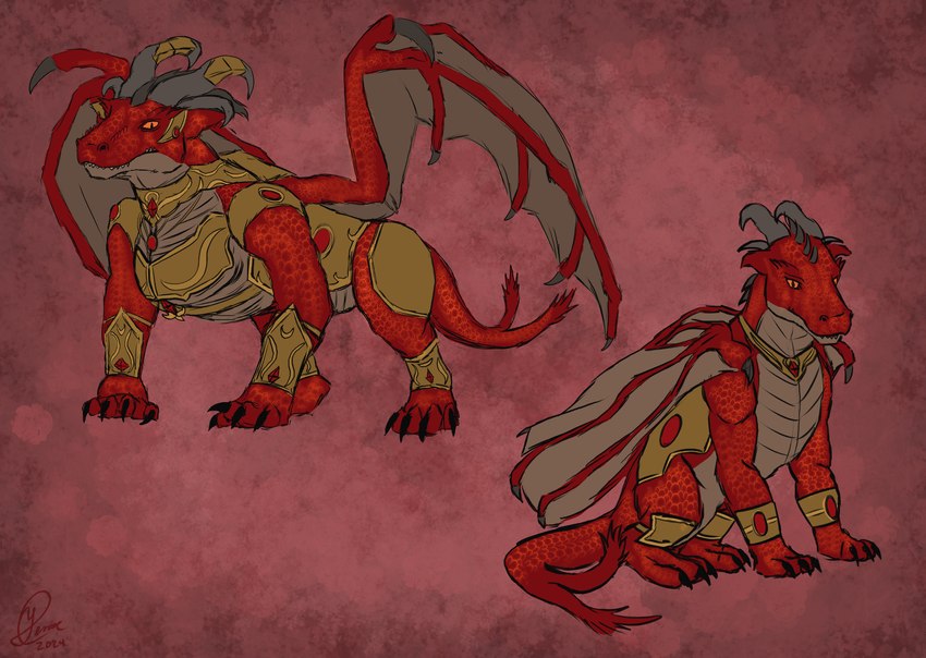 armor digitigrade duo female feral gold_(metal) gold_armor male membrane_(anatomy) membranous_wings quadruped red_body red_scales ruby_gem scales tail wings yenocwolf mythology secrets_of_uncrom uncrom rolap_(uncrom) ryse_(uncrom) dragon mythological_creature mythological_scalie scalie visha absurd_res concept_art hi_res