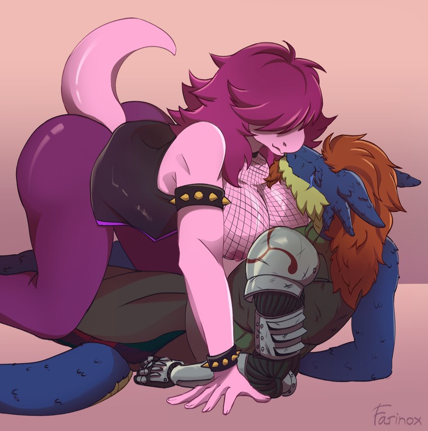 anthro clothed clothing cybernetics duo female female_on_top fishnet_clothing kissing love machine male male/female on_top topless farinox deltarune undertale_(series) alasdair_lindsay commissar_susie susie_(deltarune) cyborg absurd_res hi_res