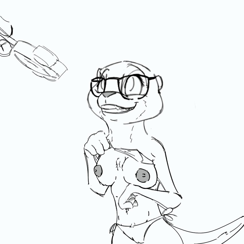 4_fingers anthro breasts camel_toe clothed clothing disembodied_hand duo eyewear female fingers food glasses grin holding_food holding_object nipples pawpsicle popsicle simple_background smile solo_focus swimwear topless topless_female undressing thermite disney zootopia sam_(zootopia) mammal mustelid otter 1:1 2023 digital_drawing_(artwork) digital_media_(artwork) monochrome