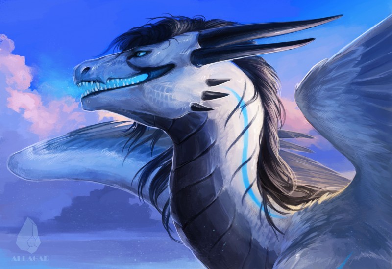 black_hair black_horn black_markings blue_eyes blue_markings cloud day detailed_background feathered_wings feathers feral flying frost grey_body grey_scales hair horn markings open_mouth outside pupils scales sky slit_pupils solo teeth white_body white_feathers white_scales wings allagar mythology dragon mythological_creature mythological_scalie scalie 2019 absurd_res digital_media_(artwork) hi_res