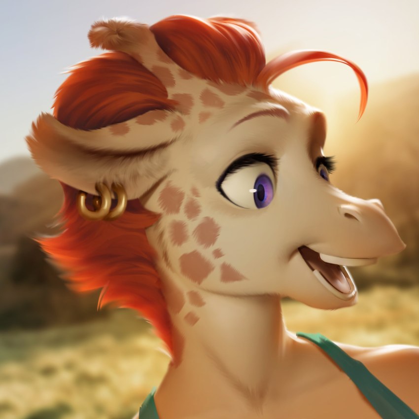 anthro clothing ear_piercing ear_ring female hair happy piercing purple_eyes red_hair ring_piercing shirt smile solo tank_top topwear wayn_animation legend_of_ahya marle_talbender_(darkflamewolf) giraffe giraffid mammal 1:1 2021 adobe_photoshop_(artwork) bust_portrait digital_media_(artwork) hi_res icon portrait