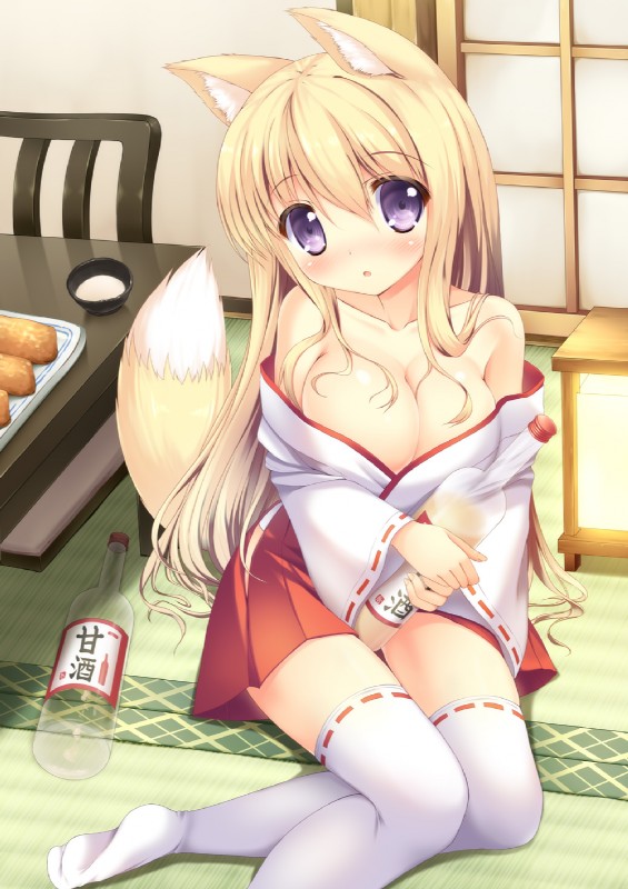 absolute_territory aburaage alcohol asian_clothing bare_shoulders beverage blonde_hair blush bottle bottomwear breasts chair cleavage clothed clothing container east_asian_clothing female fox_tail furniture hair japanese_clothing legwear long_hair looking_at_viewer on_ground purple_eyes sake sitting skirt solo thigh_highs white_clothing white_legwear taiki_ken animal_humanoid canid canid_humanoid canine canine_humanoid fox fox_humanoid humanoid mammal mammal_humanoid hi_res