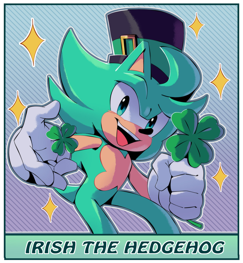 anthro border clothing clover_(plant) clover_leaf four_leaf_clover fur gloves green_body green_eyes green_fur handwear hat headgear headwear holding_object holidays leaf male open_mouth open_smile pattern_background plant simple_background smile solo sparkles striped_background text top_hat white_border sonicaimblu19 sega sonic_the_hedgehog_(series) st._patrick's_day fan_character irish_the_hedgehog eulipotyphlan hedgehog mammal 2020 character_name digital_media_(artwork) english_text hi_res