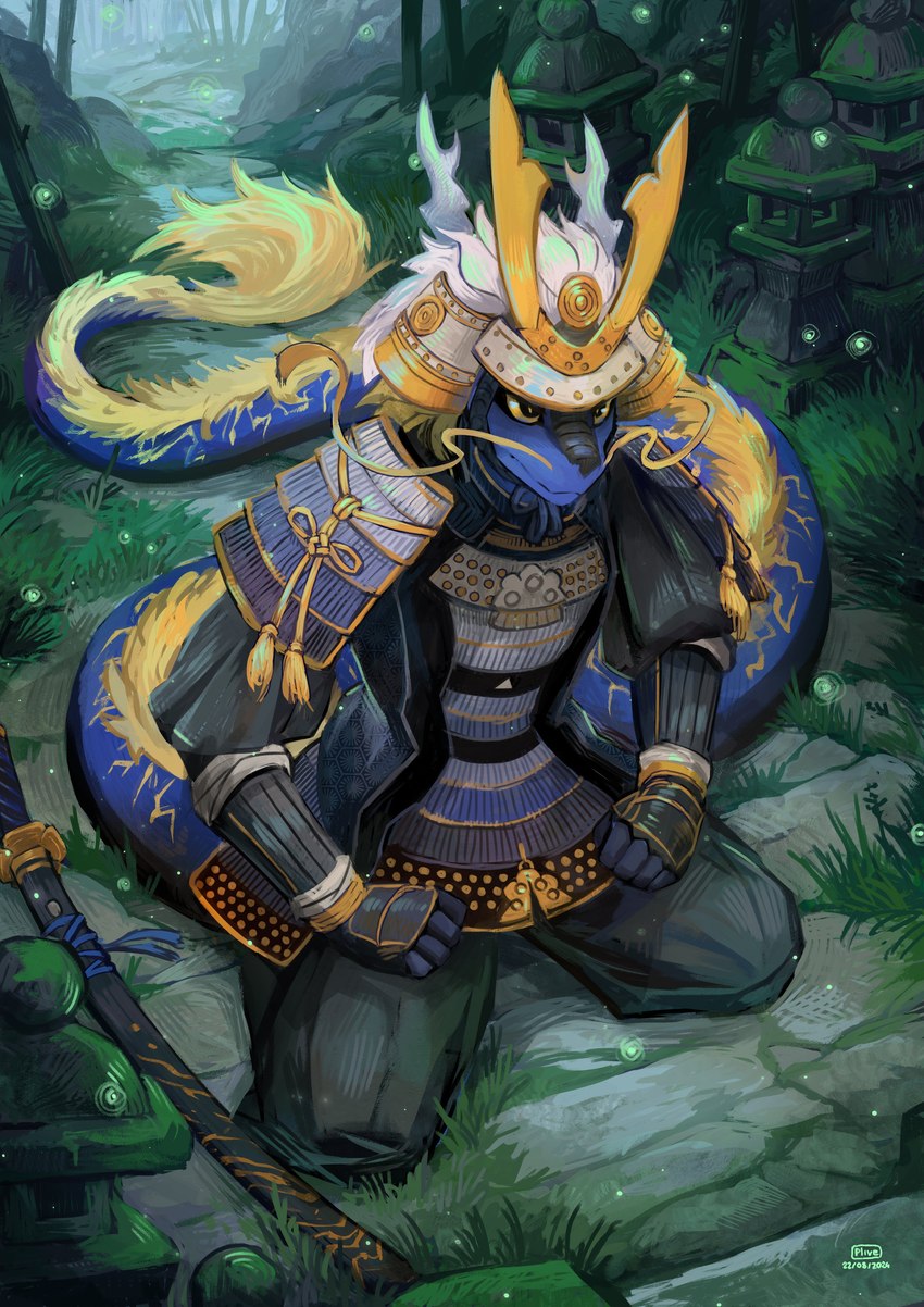 anthro armor asian_clothing clothing east_asian_clothing japanese_clothing katana kneeling kneeling_on_ground long_tail looking_at_viewer male melee_weapon muscular muscular_anthro muscular_male outside samurai solo sword tail warrior weapon plive asian_mythology east_asian_mythology japanese_mythology mythology dragon eastern_dragon mythological_creature mythological_scalie scalie absurd_res hi_res