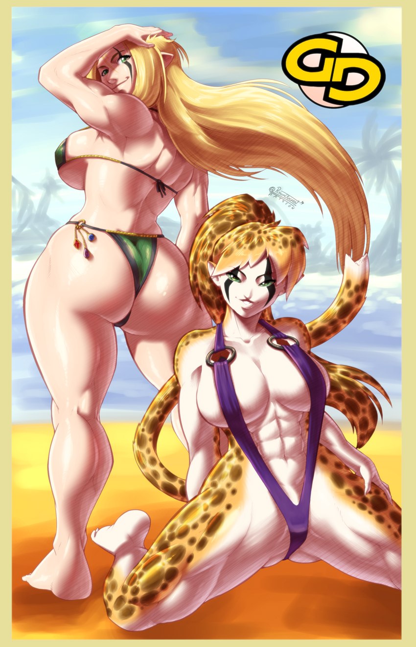 abs barefoot big_breasts big_butt bikini blonde_hair border breasts butt cleavage clothed clothing dipstick_ears duo ear_markings facial_markings feet female fur green_eyes green_sclera hair hand_in_hair head_markings inner_boob kneeling long_hair looking_at_viewer looking_back markings multicolored_ears muscular muscular_female navel one-piece_swimsuit outside ponytail sand seaside side_boob sling_bikini smile soles spots spotted_body spotted_fur standing swimwear thick_thighs touching_hair two-piece_swimsuit wide_hips yellow_border pltnm06ghost gold_digger brianna_diggers brittany_diggers animal_humanoid cat_humanoid cheetah_humanoid felid felid_humanoid feline feline_humanoid human humanoid mammal mammal_humanoid 2019 9:14 absurd_res hi_res signature