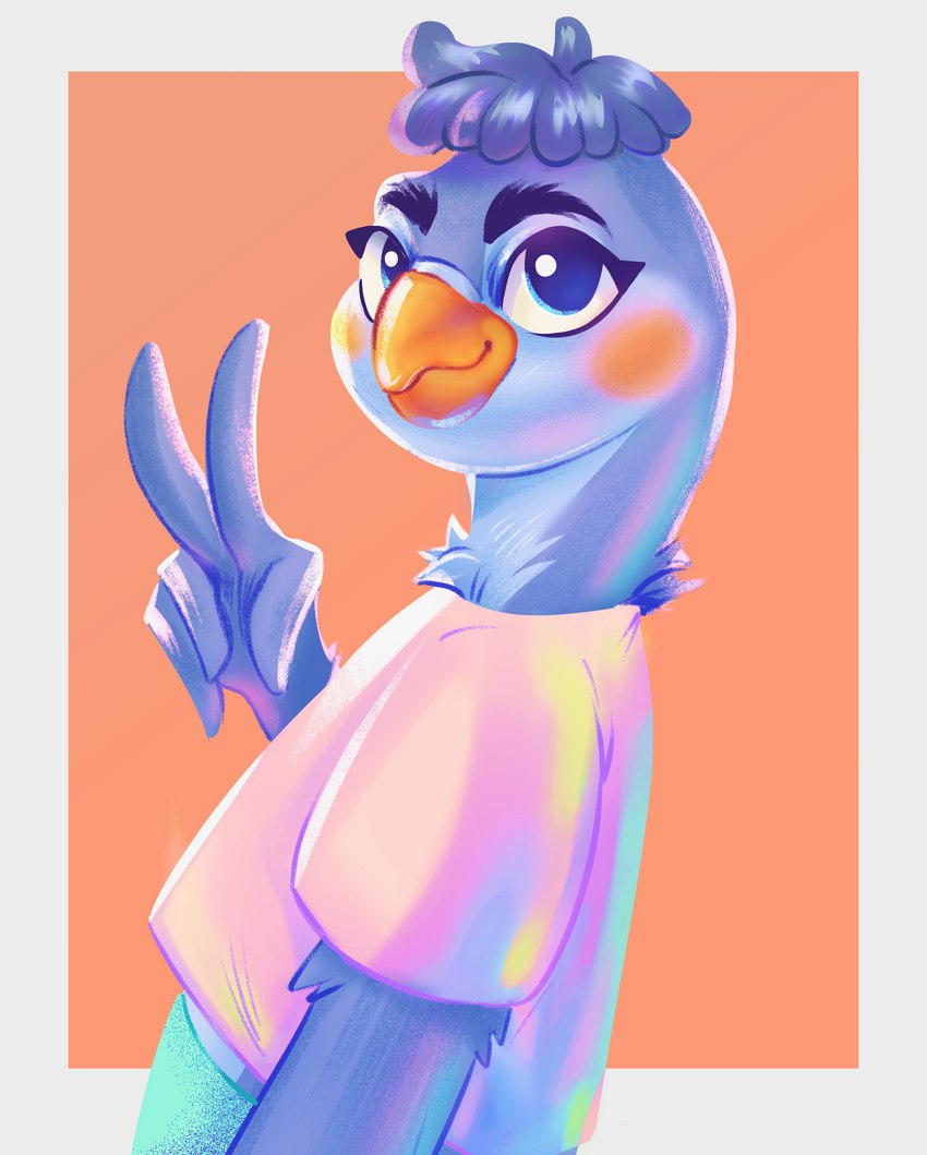 5_fingers anthro blue_hair blush clothed clothing feathers female fingers gesture grey_body hair hand_gesture looking_at_viewer shirt simple_background solo topwear v_sign redsmock beck avian bird columbid hybrid parrot pigeon absurd_res hi_res