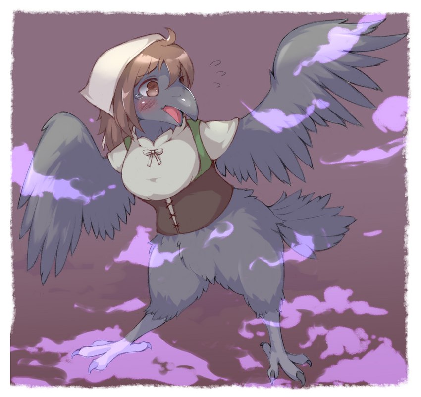 after_transformation anthro beak blush bodily_fluids brown_eyes brown_hair feathered_wings feathers feet female grey_body grey_feathers hair open_mouth simple_background solo standing talons tears toes wings shitsu_kushi-mono avian bird 2021