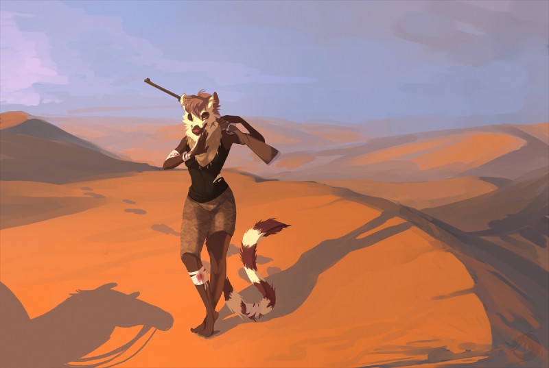 anthro bandage desert female gun outside ranged_weapon rifle shadow solo weapon lingrimm camel camelid lemur mammal primate ring-tailed_lemur strepsirrhine 2012