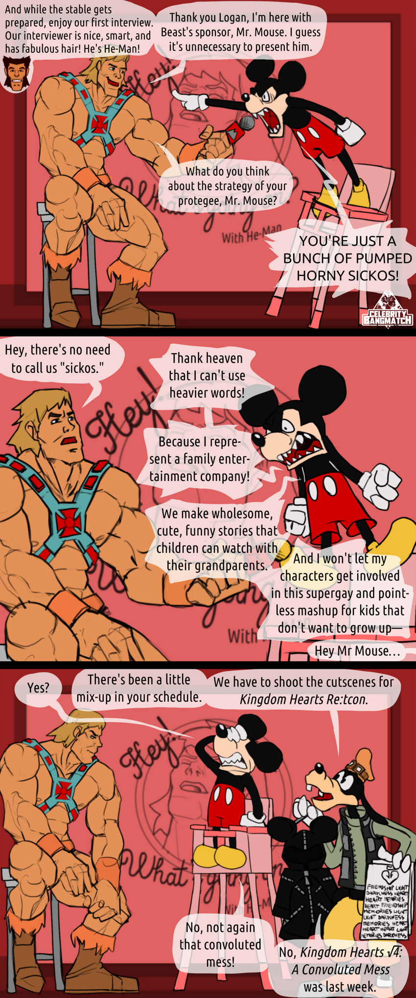 celebritybangmatch dialogue male muscular text three_frame_image rickleone celebrity_bangmatch disney kingdom_hearts masters_of_the_universe mattel square_enix goofy_(disney) he-man mickey_mouse canid canine canis domestic_dog human mammal mouse murid murine rodent himbo absurd_res comic english_text hi_res