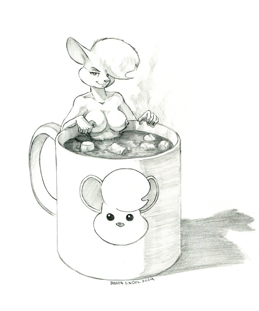 anthro areola beverage breasts candy chocolate collarbone container cup dessert eyebrows eyelashes female food hair hot_chocolate marshmallow nipples nude solo baron_engel petina_demouse mammal mouse murid murine rodent 2024 graphite_(artwork) greyscale hi_res monochrome traditional_media_(artwork)