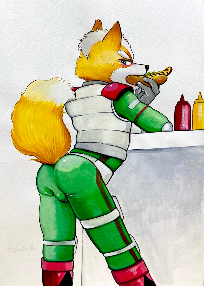 anthro blush bodysuit bottomwear bulge butt clothing eating food fur green_eyes hot_dog male orange_body orange_fur skinsuit solo tight_bottomwear tight_clothing topwear vest ulala_ko nintendo star_fox fox_mccloud canid canine fox mammal hi_res