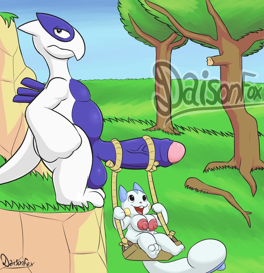 balls big_balls big_penis branch breasts duo female foreskin genitals grass huge_penis larger_male male male/female nipples penis penis_hanging plant rope size_difference slightly_chubby slightly_chubby_male smaller_female standing swing tree daison_the_fox nintendo pokemon generation_2_pokemon generation_4_pokemon legendary_pokemon lugia pachirisu pokemon_(species) absurd_res hi_res