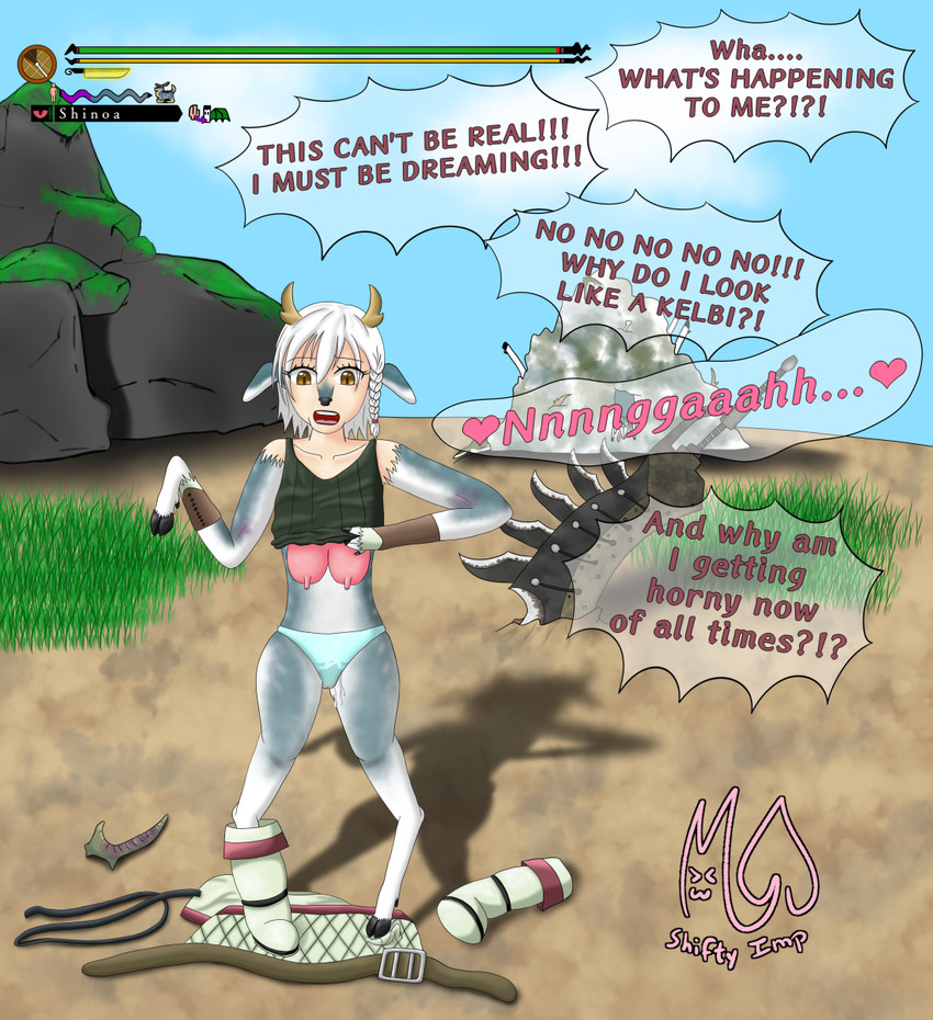 belt bodily_fluids boots breasts clothed clothing dialogue female footwear gameplay_mechanics genital_fluids growth gui health_bar heart_after_text heart_before_text heart_symbol horn human_to_feral melee_weapon panties partially_clothed pointy_speech_bubble shoes solo species_in_dialogue species_transformation speech_bubble stamina_bar sword teat_breasts teat_growth teats text text_with_heart transformation udder_breasts underwear vaginal_fluids wardrobe_malfunction weapon shifty.imp capcom monster_hunter herbivore_(mh) humanoid kelbi english_text hi_res