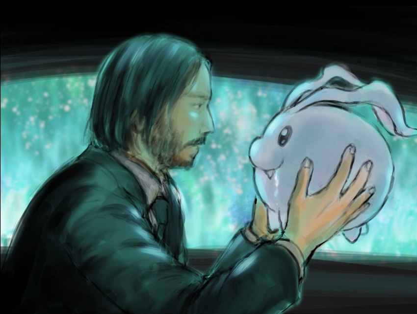 ambiguous_gender beady_eyes black_hair carrying_another clothed clothing cute_fangs duo eye_contact facial_hair fangs feral hair humor long_hair looking_at_another male necktie pink_body side_view suit teeth mas_square bandai_namco digimon john_wick john_wick_(character) keanu_reeves digimon_(species) human mammal tokomon crossover