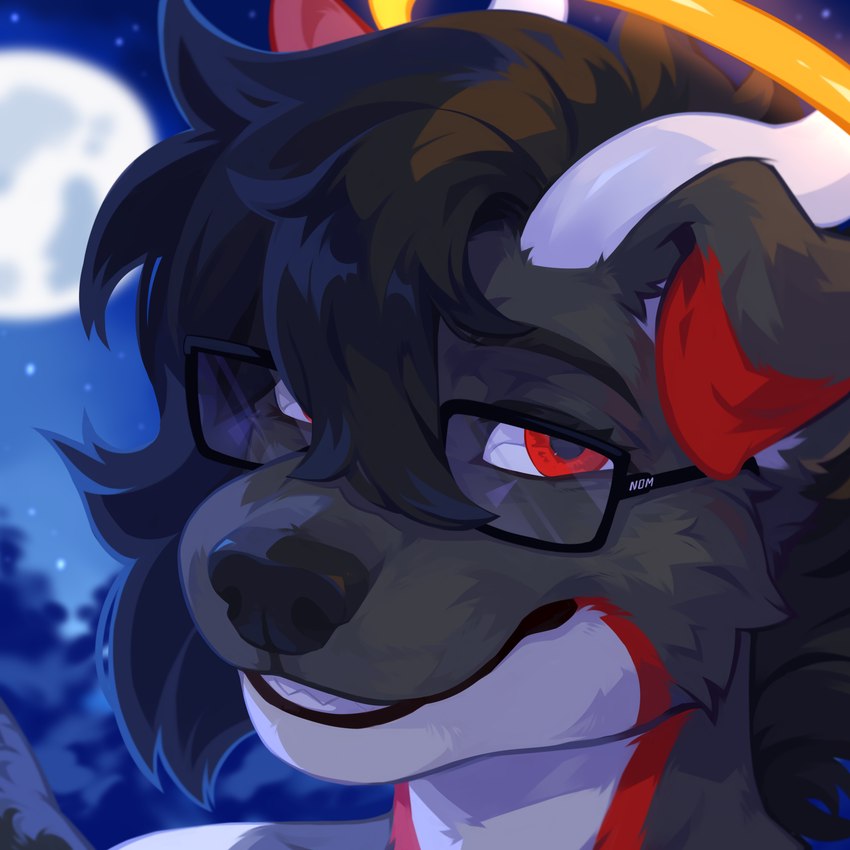 ambiguous_gender anthro black_hair black_nose cheek_tuft eyewear facial_tuft floppy_ears fur glasses grey_body grey_fur hair horn moon night outside red_eyes red_horn smile solo star tuft white_body white_fur white_horn corzh77 canid mammal 1:1 bust_portrait hi_res portrait