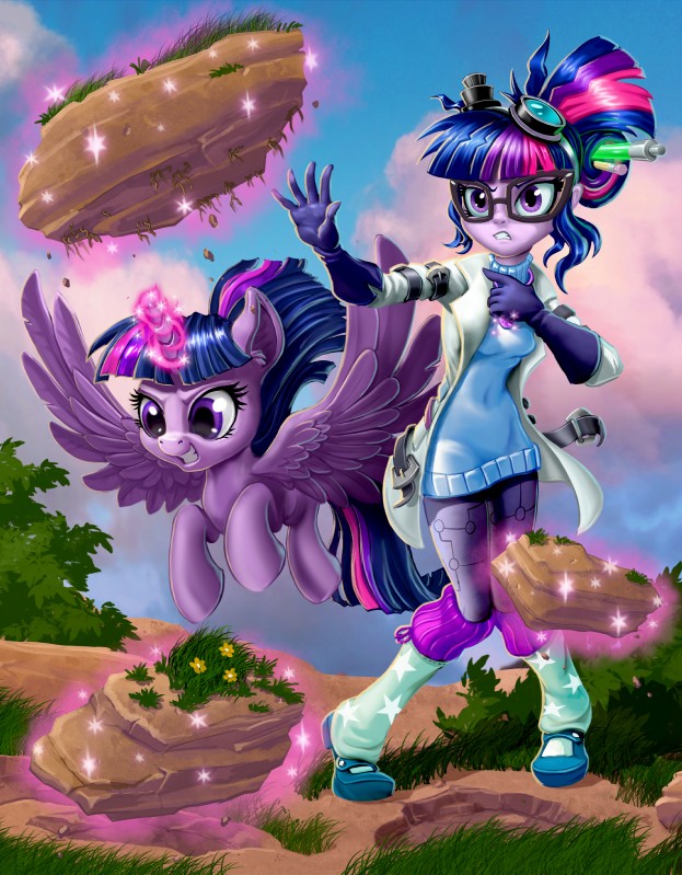 clothing coat duo eyewear flying glasses gloves grass handwear horn lab_coat levitation magic plant rock square_crossover telekinesis topwear wings harwick equestria_girls friendship_is_magic hasbro my_little_pony mythology twilight_sparkle_(eg) twilight_sparkle_(mlp) equid equine human mammal mythological_creature mythological_equine winged_unicorn 2020 absurd_res hi_res