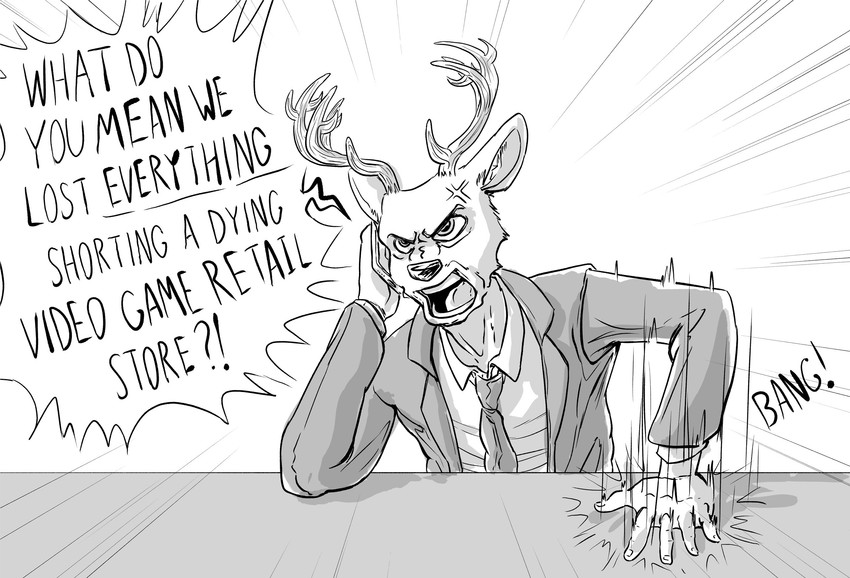 angry anthro antlers cellphone clothed clothing cross-popping_vein dialogue dress_shirt electronics furniture gme horn humor male motion_lines necktie onomatopoeia open_mouth phone phone_call shirt simple_background sitting slap smartphone solo sound_effects suit table text topwear white_background yelling ffog beastars louis_(beastars) cervine deer mammal red_deer 2021 english_text greyscale hi_res monochrome