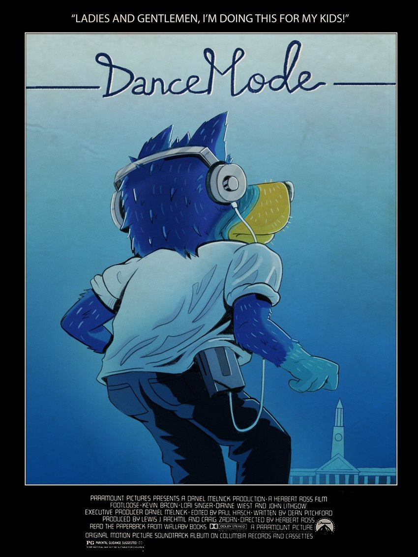 anthro blue_body blue_fur bottomwear clothing dancing electronics fur headphones male movie_poster pants parody shirt solo t-shirt text topwear yellow_body yellow_fur jake_bresanello bluey_(series) footloose walkman bandit_heeler australian_cattle_dog canid canine canis cattledog domestic_dog herding_dog mammal pastoral_dog 3:4 english_text hi_res official_art