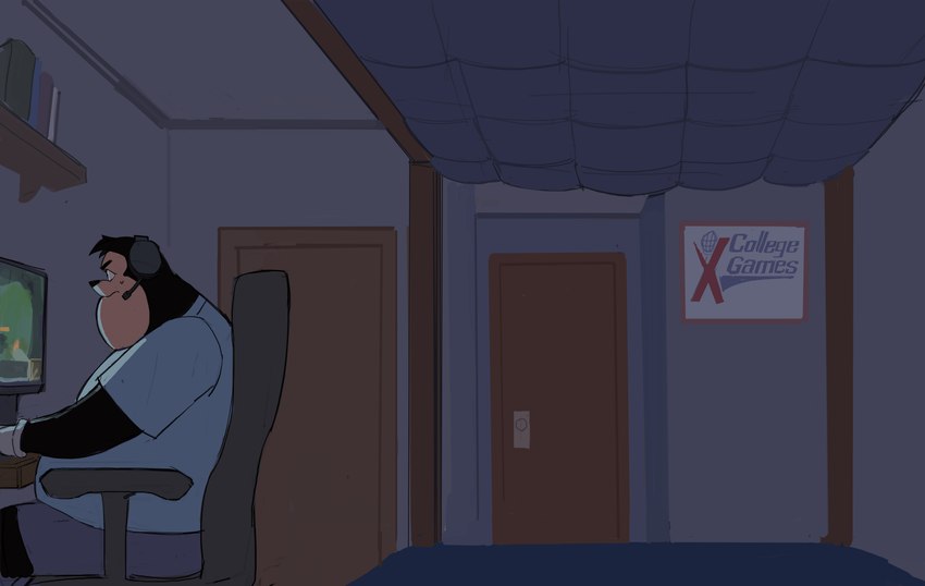anthro bed bedroom black_body black_eyebrows black_fur black_hair black_nose blue_bottomwear blue_clothing blue_shirt blue_shorts blue_text blue_topwear book bottomwear chair clothed clothed_anthro clothed_male clothing computer denim denim_bottomwear denim_clothing desk door ear_piercing electronics eyebrows fur furniture gloves hair handwear hug inside intraspecies male male_anthro midriff monitor mouth_closed multicolored_body multicolored_fur obese obese_anthro obese_male office_chair overweight overweight_anthro overweight_male pants piercing poster shelf shirt short_hair shorts sitting snout solo standing t-shirt table tan_body tan_fur text topwear two_tone_body two_tone_fur white_clothing white_gloves white_handwear amugea disney goof_troop pj_(goof_troop) canid canine canis domestic_dog mammal absurd_res english_text hi_res