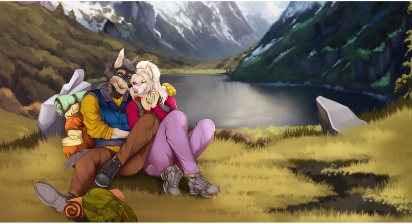 anthro boots camp camping clothing country detailed_background duo eyebrows female fingers footwear fur grass grey_body grey_fur male male/female plant romantic shoes smile alisa-walker sasha_zura_(chaos_leader) canid canine canis mammal absurd_res hi_res letterbox