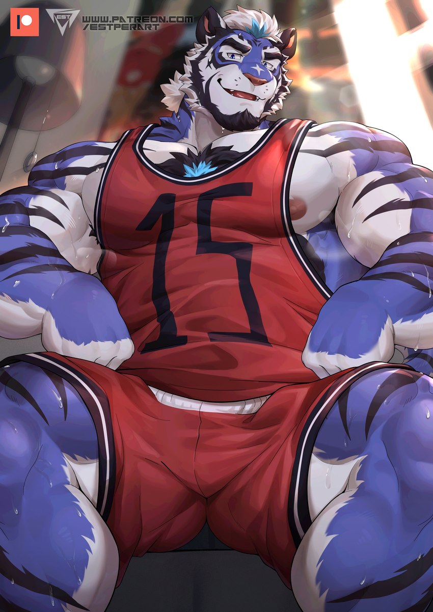 anthro armpit_hair basketball_jersey basketball_shorts basketball_uniform beard bedroom black_stripes blue_body blue_fur blue_highlights bodily_fluids body_hair chest_tuft clothing facial_hair facial_markings fur goatee hair head_markings highlights_(coloring) lamp logo looking_at_viewer male markings muscular muscular_anthro muscular_male muscular_thighs musk musk_clouds musky_armpit nipples number obliques open_mouth pecs red_jersey sideburns sitting solo sportswear stripes sweat text tuft uniform white_body white_fur white_hair estper patreon bluedy_(estper) felid mammal pantherine tiger 2023 absurd_res artist_logo hi_res url