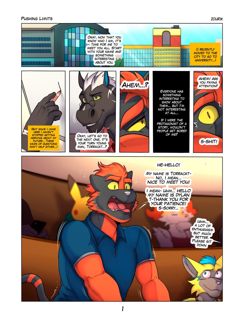 anthro anthrofied base_three_layout blockage_(layout) greeting horizontal_blockage male seven_frame_image text three_row_layout zourik nintendo pokemon bryan_(zourik) dylan_(zourik) simon_(zourik) braixen felid feline generation_1_pokemon generation_5_pokemon generation_6_pokemon generation_7_pokemon legendary_pokemon mammal pikachu pokemon_(species) torracat zebstrika zeraora 3:4 absurd_res comic english_text hi_res